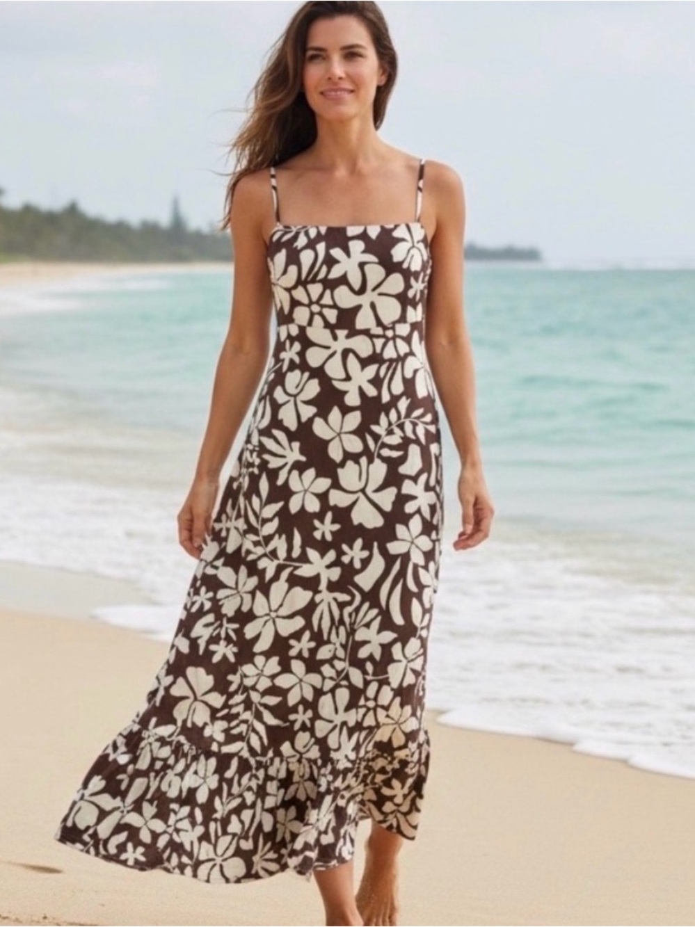 EUC, Paper Heart Brown & White Tropical Floral Print Tiered Maxi Dress Size S.